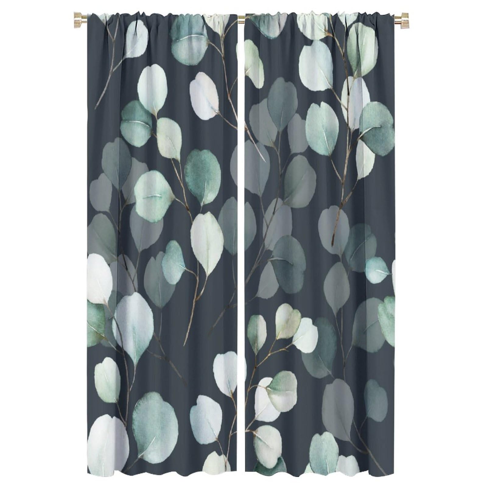 Eucalyptus Curtains Nature Botanical Green Leaves Pattern Black Background Blackout Print Rod Pocket Window Drapes for Bedroom Living Room 52x84in