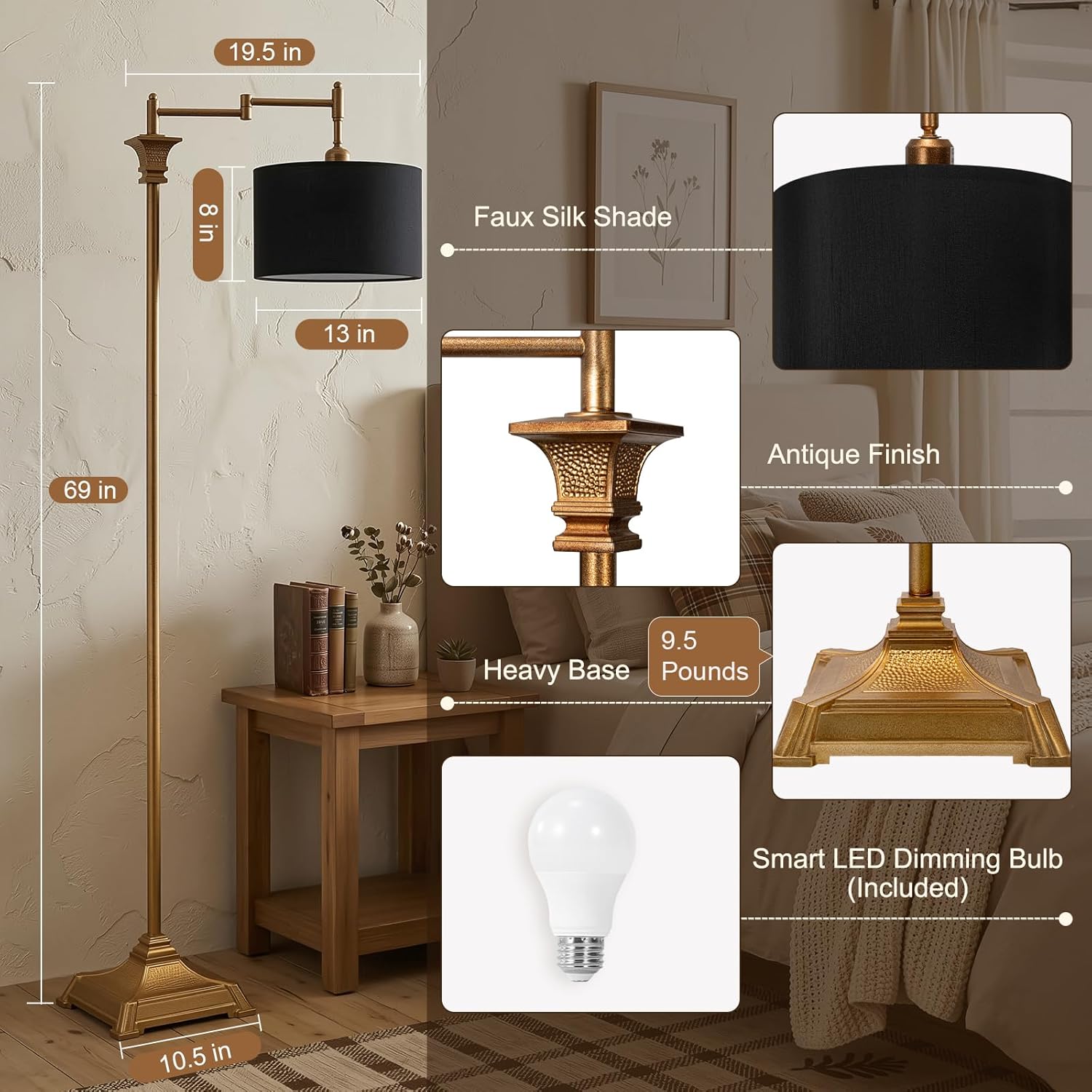 Scenekoy 68″ Tall Smart LED Floor Lamp for Living Room Bedroom, Antique Gold Finish, Remote Control, 350º Adjustable Swing Arm Standing Lamp with Black Shade, Decor for Reading House Home Office