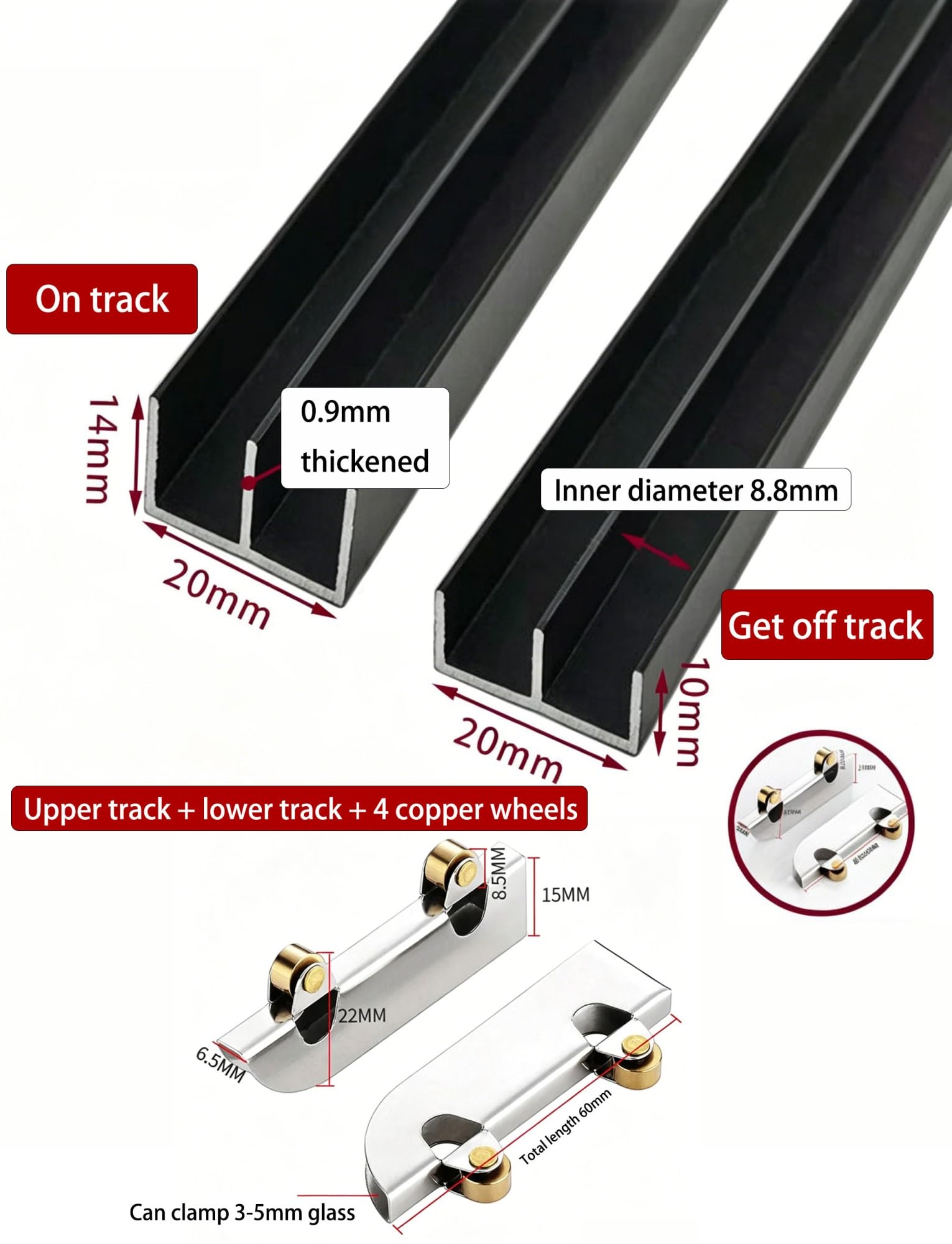 Zestaw prowadnic do szklanych drzwi przesuwnych 5 mm, czarny aluminiowy dwukanałowy suwak do szafki z cichymi rolkami 1 zestaw(90cm)