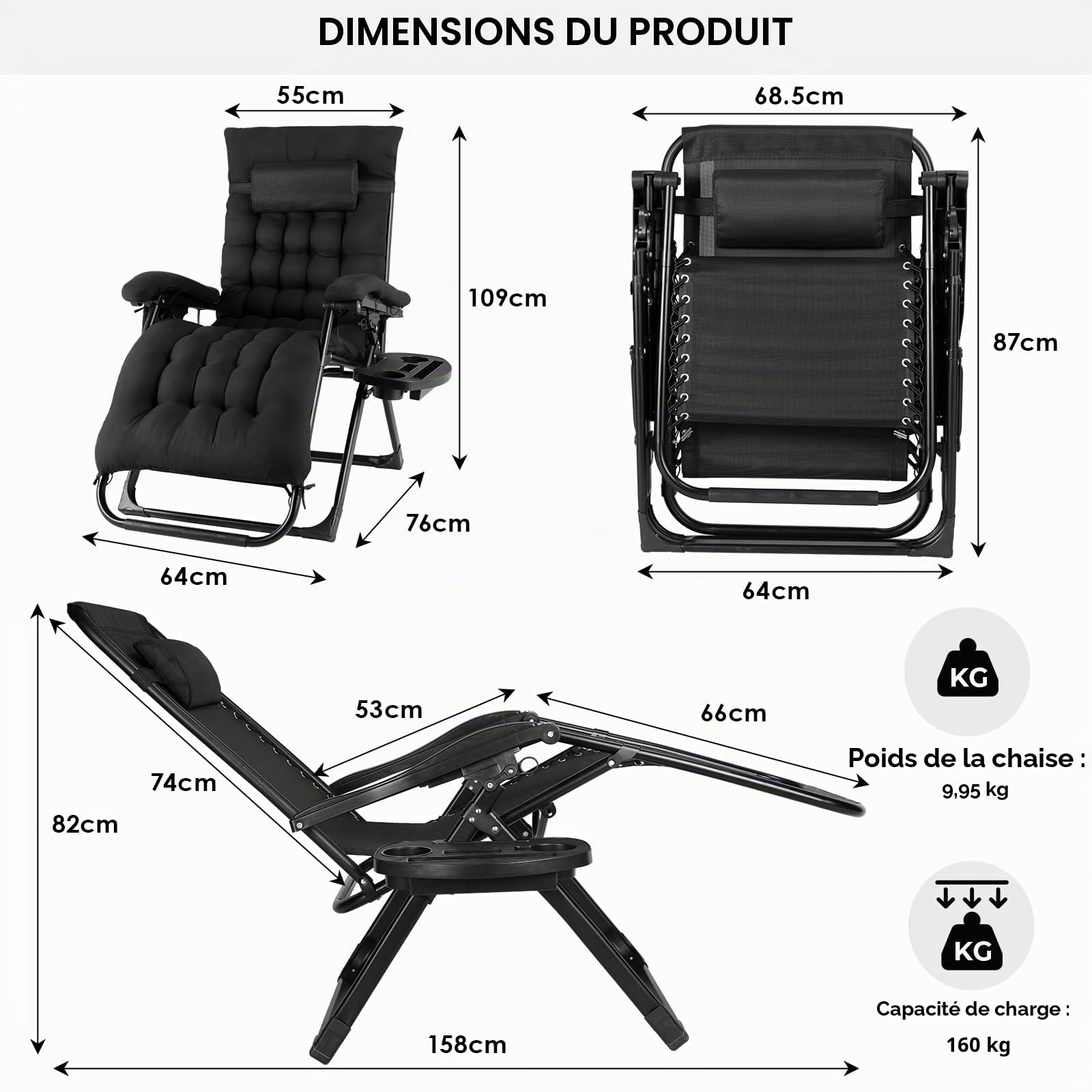 TLGREEN Lot de 2 transats Jardin extérieur Pliables, Bain de Soleil avec Coussin, Fauteuil élargie, Dossier réglable, Porte-gobelet, Charge Max 160 kg, pour Jardin,terrasse, Piscine (Noir)