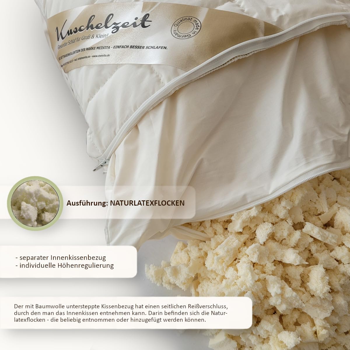 Höhenverstellbares Naturlatex-Flocken Nackenstützkissen in 40x80 cm mit separatem Innen-Kissen und unterstepptem KBA Bezug aus 100% Baumwolle - Made in Germany
