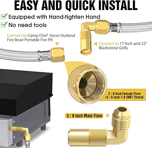 Miniatura 7 de Manguera de propano de conexión rápida de 12 pies para RV a parrilla de gas, manguera de propano de conexión rápida con válvula de cierre de