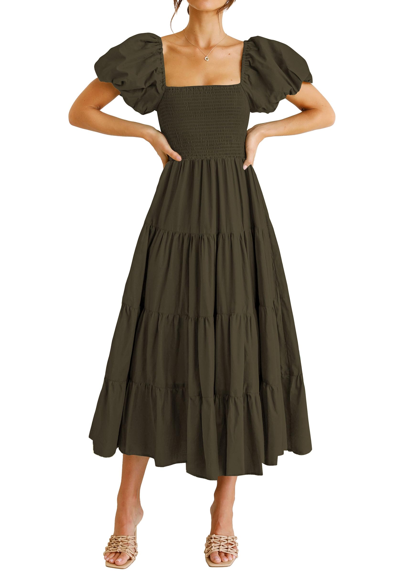 PRETTYGARDEN Women's Casual Summer Midi Dress Puffy Short Sleeve Square Neck Smocked Tiered Ruffle Dresses