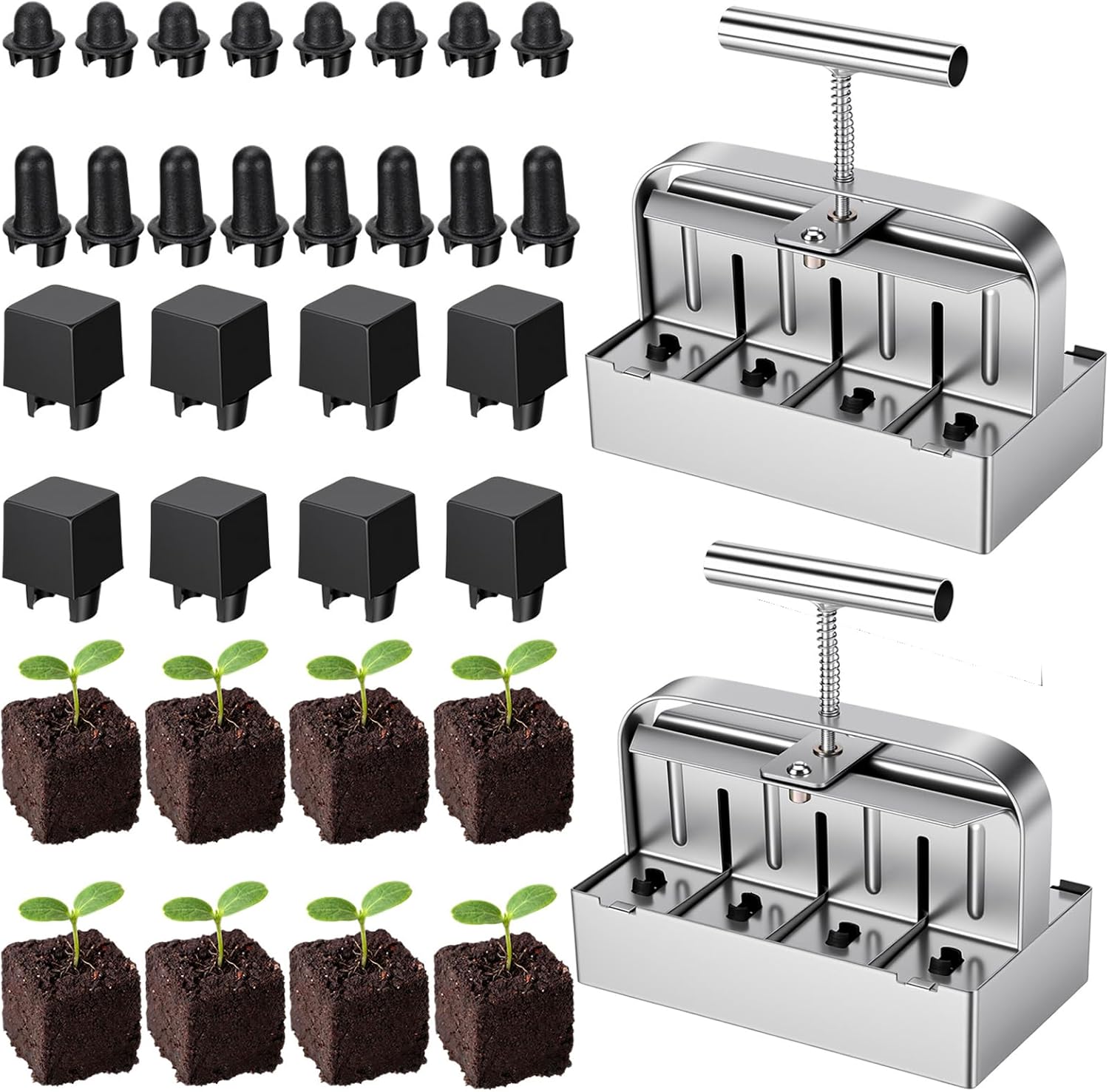 Chumia 2 Pcs Dual Row 8 Cell Soil Block Makers 2 Inch Soil Block Maker with 3 Sizes Seed Pins Garden Blocking Tools for Outdoor Plants Seedlings Cuttings Greenhouses