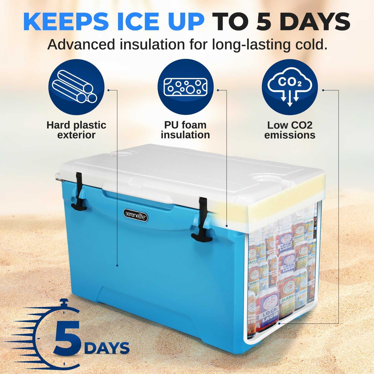 SereneLife Ultra-Tough 75 Quart Rotomolded Cooler Box with Wheels, Holds Upto 104 Cans, Keeps Ice Up to 5 Days, Heavy-Duty Insulated Portable Ice Chest Box, Ideal for Camping, Beach, and Outdoors