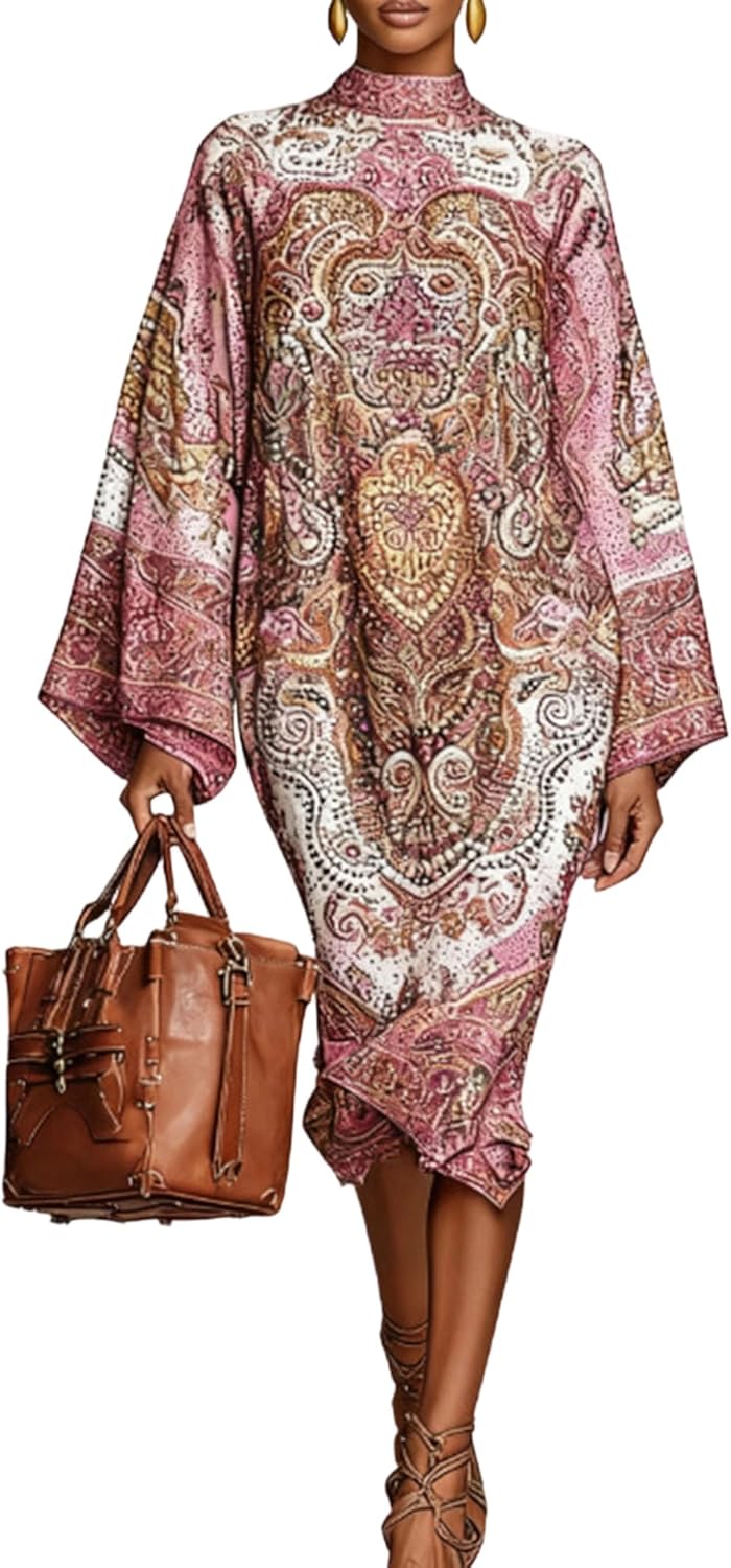 TIAFORD Womens Floral Print Long Sleeve Midi Dress Casual Mock Neck Dresses