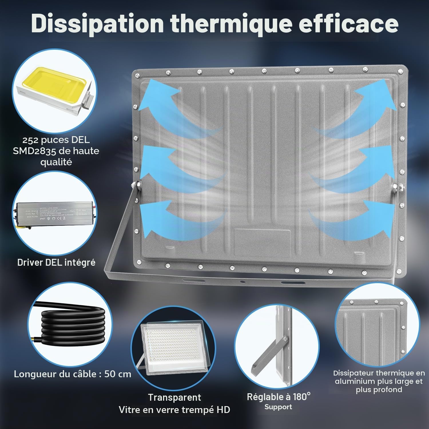 Projecteur Led 200w, Projecteur 200w, éclairage de sécurité LED d'extérieur 6500K, IP66, Blanc lumière du jour, pour entrepôt, jardin, garage, terrasse et parking