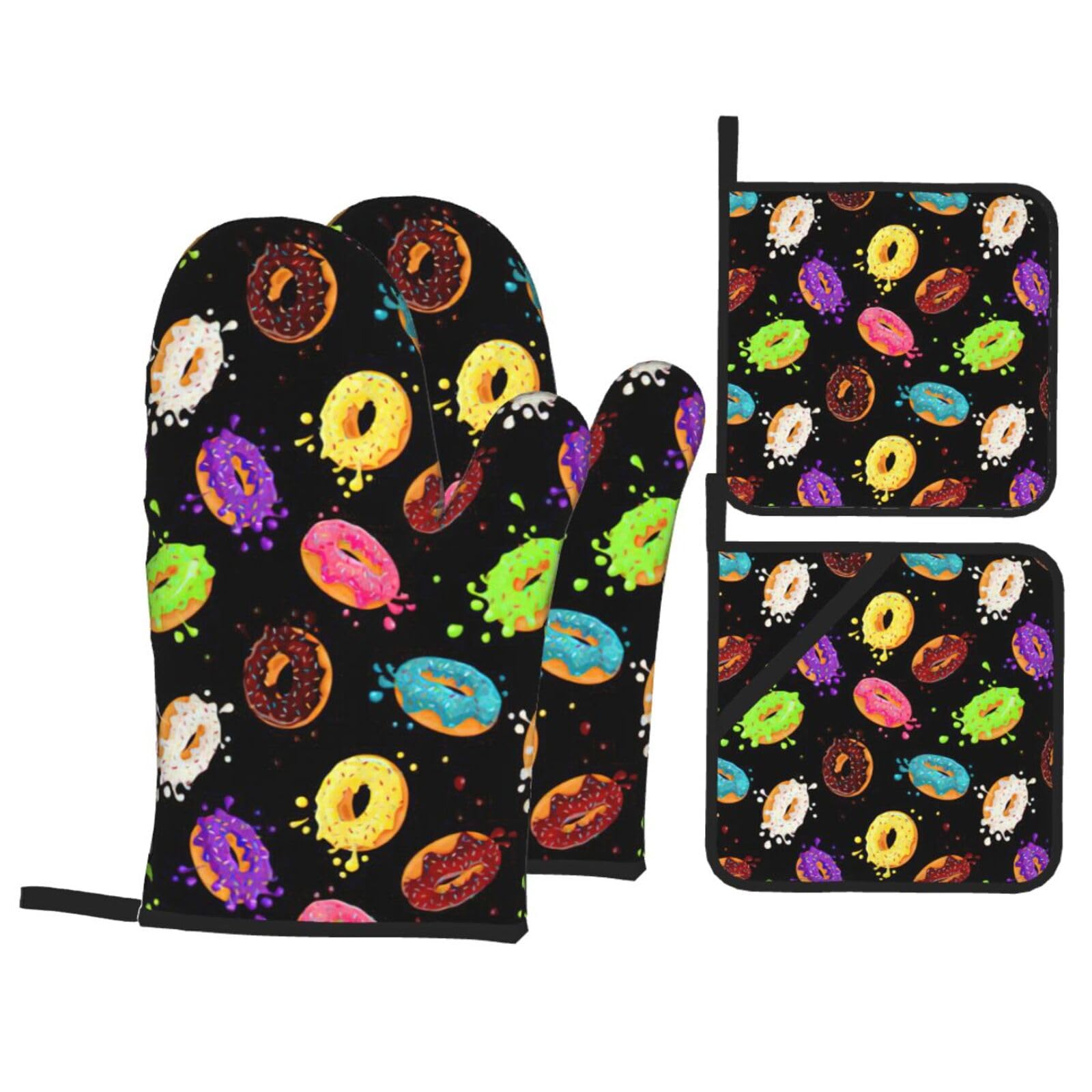 Nimongt Black Donut Print Heat-Resistant 4-Piece Oven Kitchen Gloves For Baking Cooking Microwaving Essentials