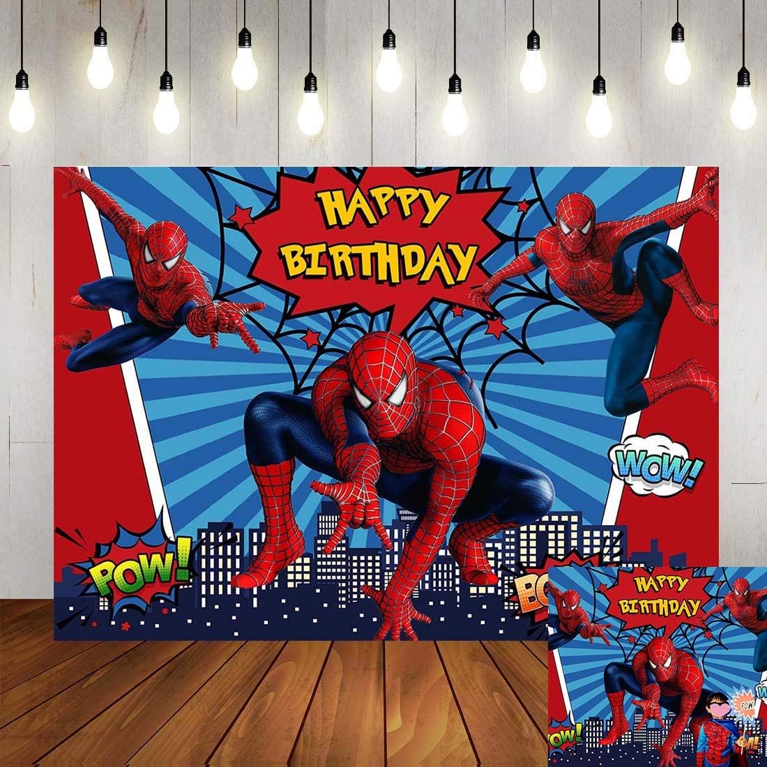 Superhero Cityscape Photography Backdrop Children Happy Birthday Photo Booth Studio Props Decorations Vinyl 7x5ft Spiderman Blue Stripe Photo Background Party Banner Desssert Table Supplies