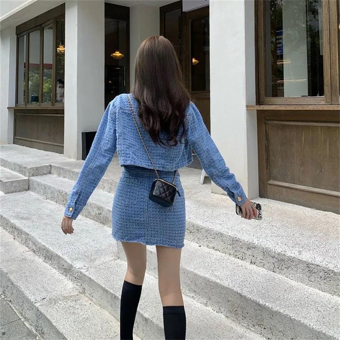 Women Two Piece Set Denim Jacket Irregular Skirt Casual Outfit