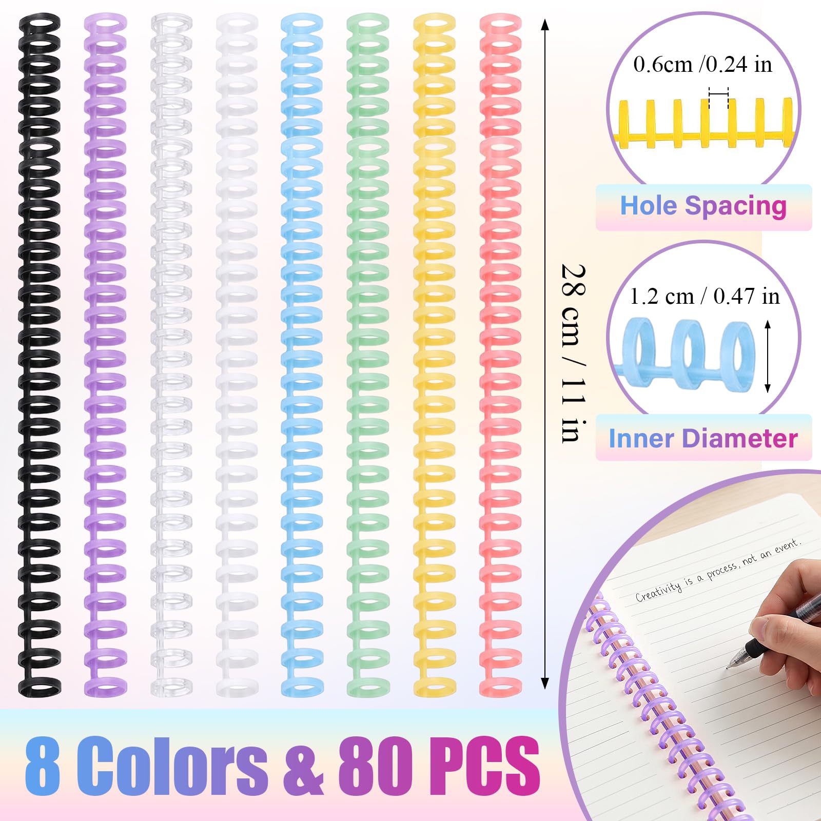 Dorsi a pettine per rilegatura, 30 anelli da 1,3 cm di diametro, spirali in plastica, dorso 3:1, per documenti e quaderni, capacità 85 fogli, 8 colori