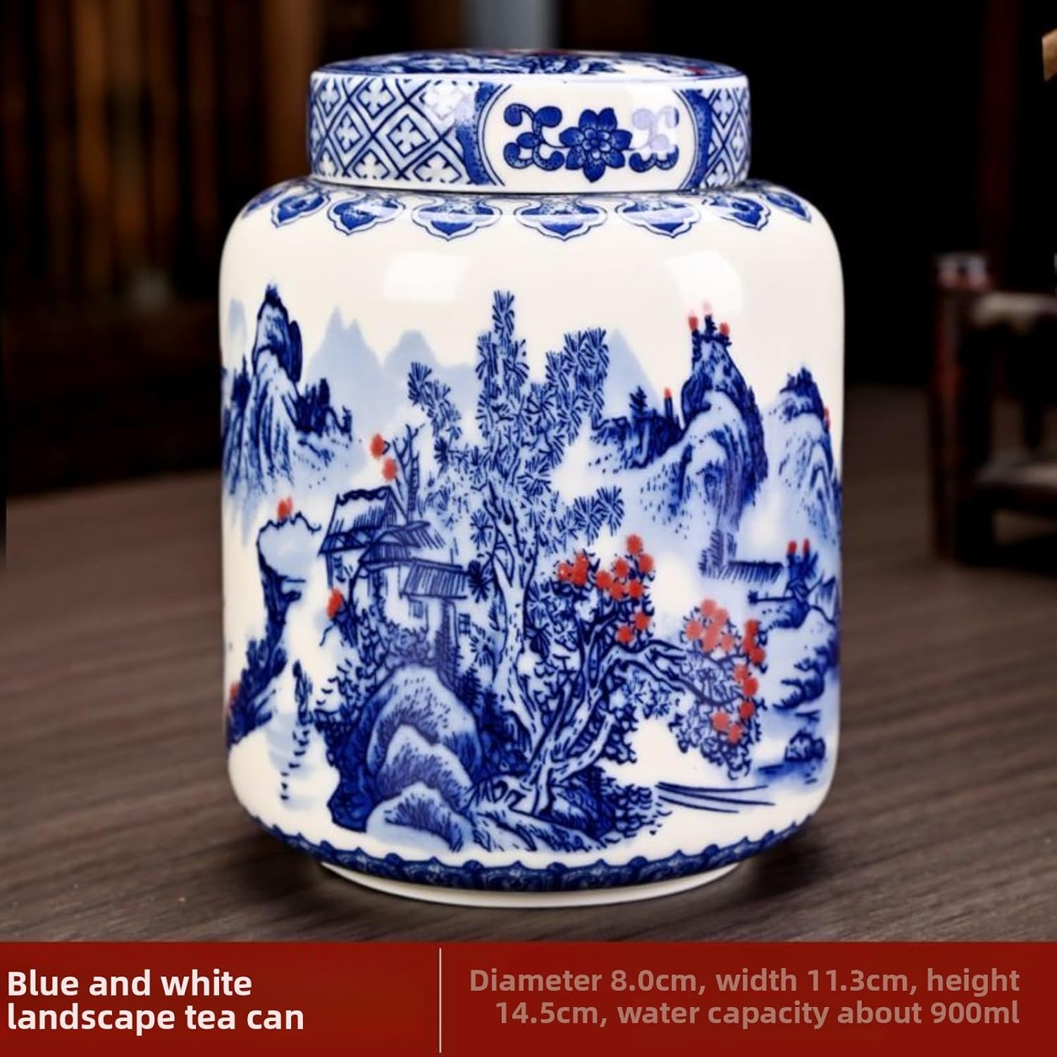 Ceramics Tea Canister, 900ml 30.6oz, Chinese Style Household Tea Storage Jar Sealed Jar