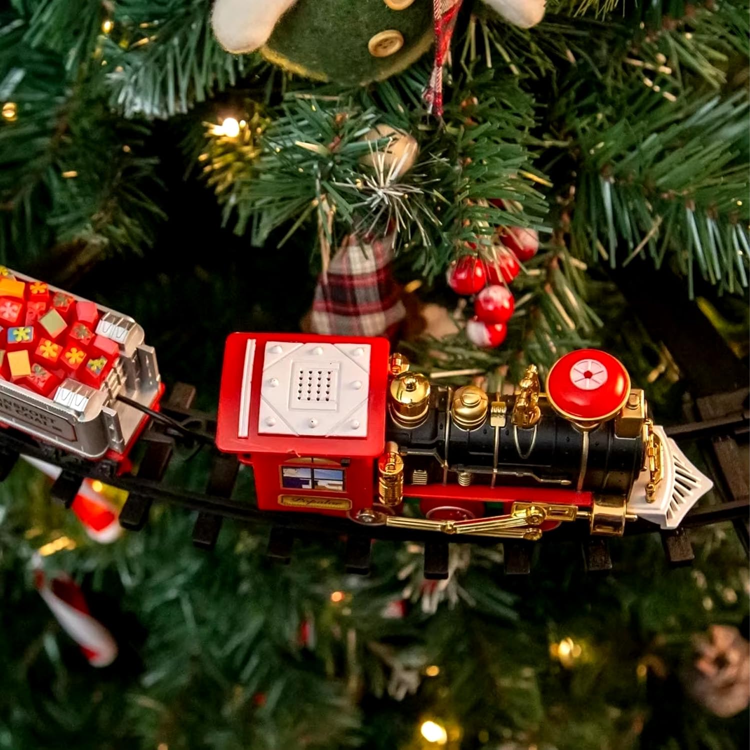 Avilia Trenino Elettrico Natalizio in Movimento con Luci e Suoni - Decorazione per Albero di Natale - Treno con Binari di diametro 89cm - Treno per Albero di Natale Sospeso o da Terra con Batteria