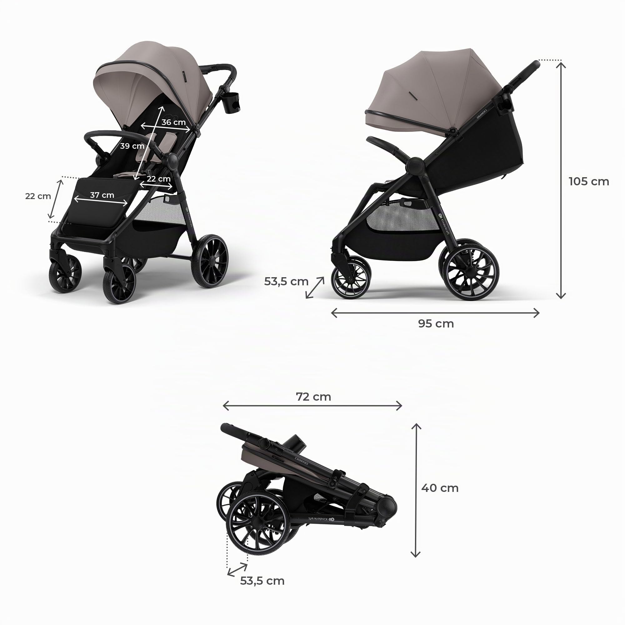 Kinderkraft GRANDE 2 – Cochecito | Ruedas grandes, CLICK&FOLD, Beige