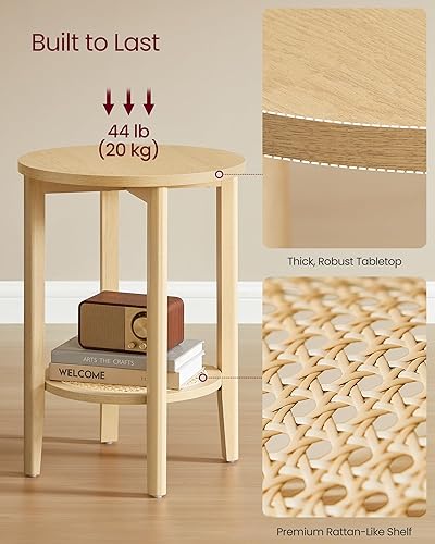 Miniatura 6 de VASAGLE Mesa auxiliar redonda, mesa de noche bohemia de 2 niveles con estante de almacenamiento de aspecto de ratán, mesita de noche para espacios