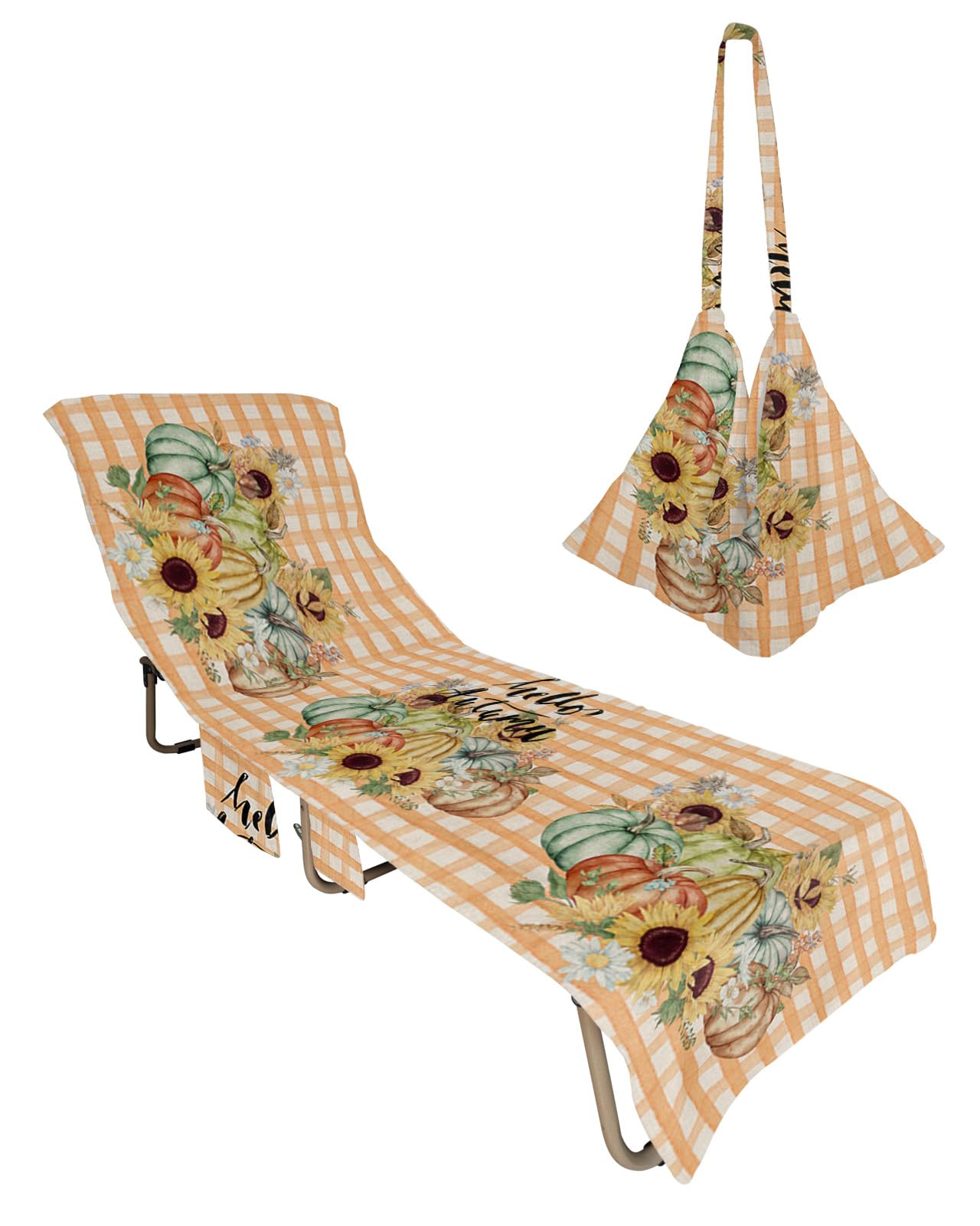 Harvest Pumpkin, Beach Lounge Chair Towel Cover, Soft Chaise Lounge Towel with Side Pockets Patio Pool Chairs Cover for Beach/Pool Sunbathing 29x85 Country Gingham Sunflower Leaves Orange