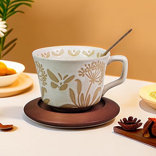 Miniatura 4 de PMNING Taza de café de cerámica vintage Taza de té de café de cerámica gruesa con platillo y cuchara de madera, taza de té de 12 onzas y platillo