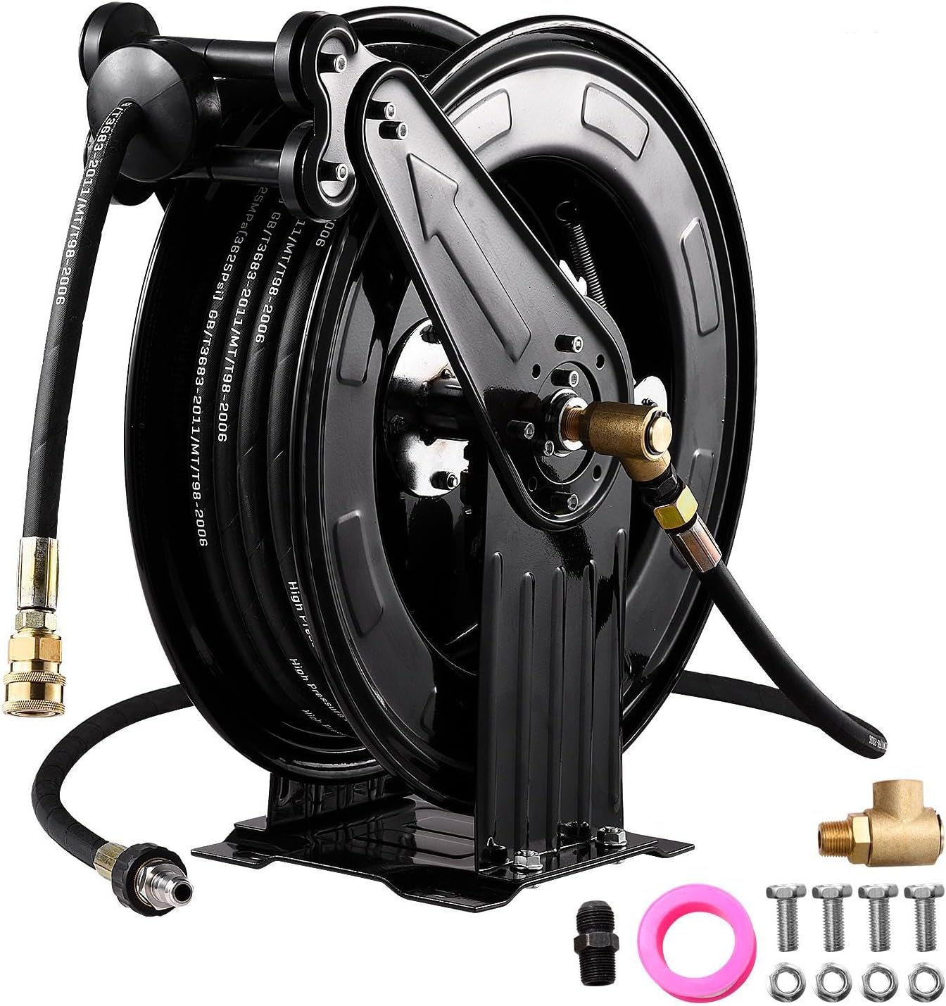 High Pressure Washer Hose Reel - Steel Heavy Duty Garden Hose Reel - 4000 PSI, Double Arm Auto Rewind, for Factory Floors, Garages Cleaning