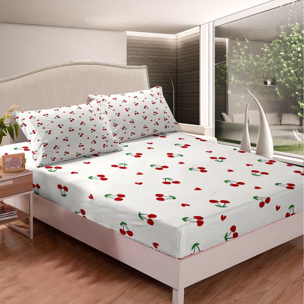 Feelyou Kids Red Cherry Fitted Sheet Twin Size, Cherry Pattern Bed Sheet Set Boys Girls Cute Fruit Bedding Set Kawaii Cartoon Fruit Teens Bed Cover Room Decor Lightweight Bed Set (No Flat Sheet)