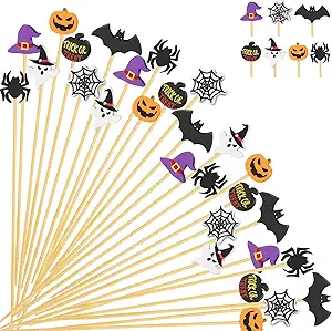 Halloween Cocktail Picks, Handmade Bamboo Holiday Toothpicks for Appetizers, 4.7 IN Long Decorative Appetizer Skewers Fancy Cocktail Sticks for Charcuterie Boards Accessories Halloween Party Supplies