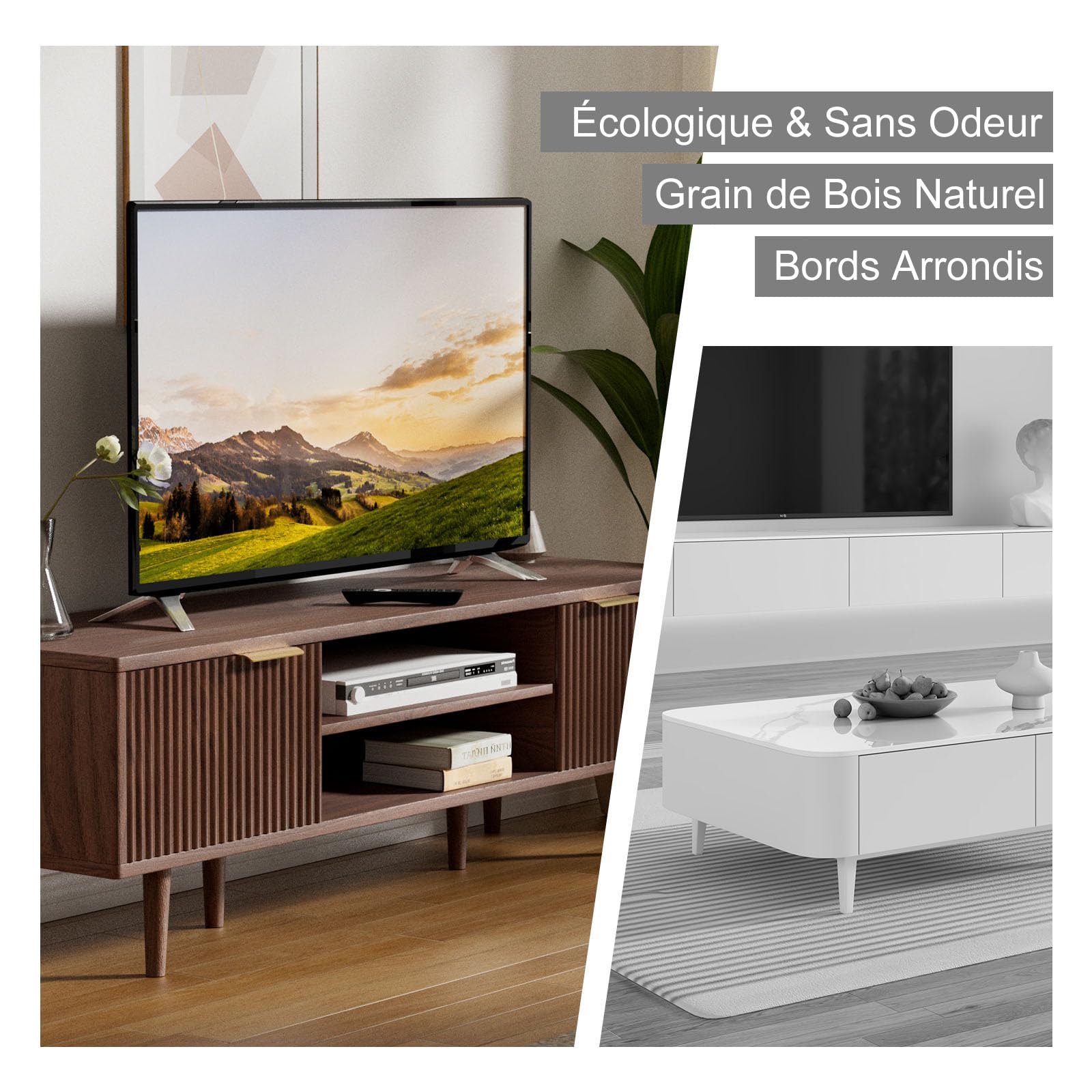 Meuble TV Bois 140cm Longueur Meuble Télé avec rangement pour Télévision Jusqu'à 60 Pouces 2 Étagères Ouvertes et 2 Portes 140 X 40 X 47 cm pour Salon, Chambre, Salle De Divertissement, Bois Foncé