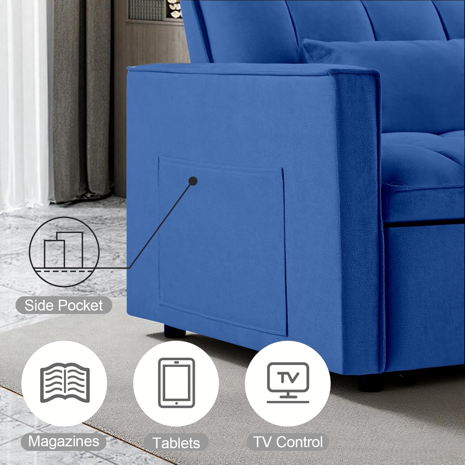 3 in 1 Pull Out Sofa Bed, 54" Sleeper Sofa Bed with 3-Level Adjustable Backrest, Velvet Fabric Loveseat Sleeper Couch for Living Room & Bedroom & Apartment & Dorm Furniture, Blue