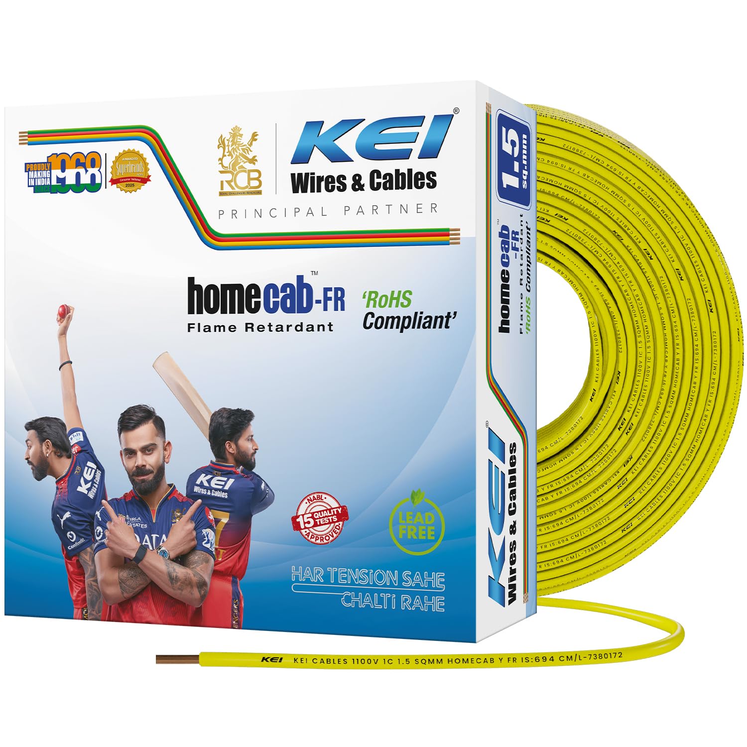 KEI WIRES & CABLES Homecab 1.5 sqmm 1 Core Housewire Flexible PVC Insulated Cable Electric Wiring for Domestic & Industrial Connections (Yellow, 90m)