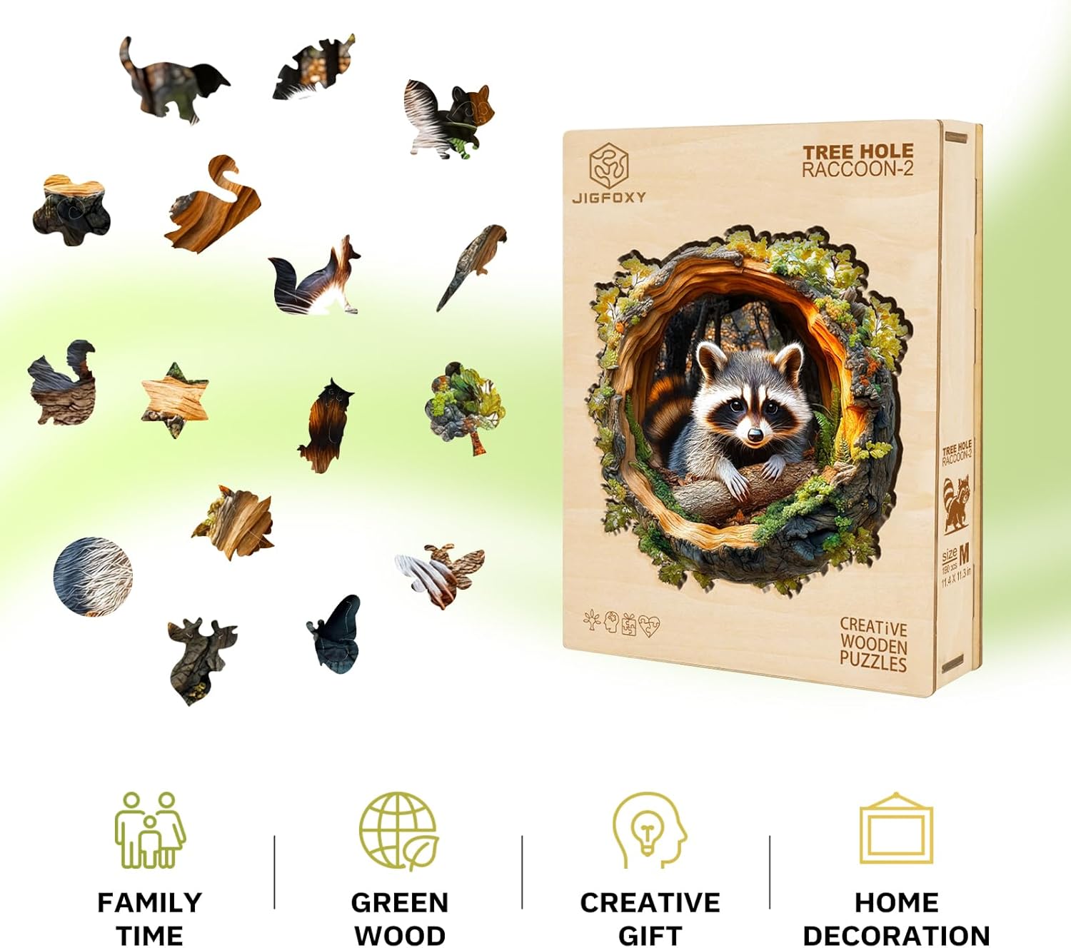 Jigfoxy Wooden Puzzles for Adults, Raccoon in a Tree Hole Wood Puzzles Adult, Unique Animal Shape Wooden Jigsaw Puzzles for Adults, Christmas and Thanksgiving Gifts for Friends (M-11.4 * 11.3in-190p)