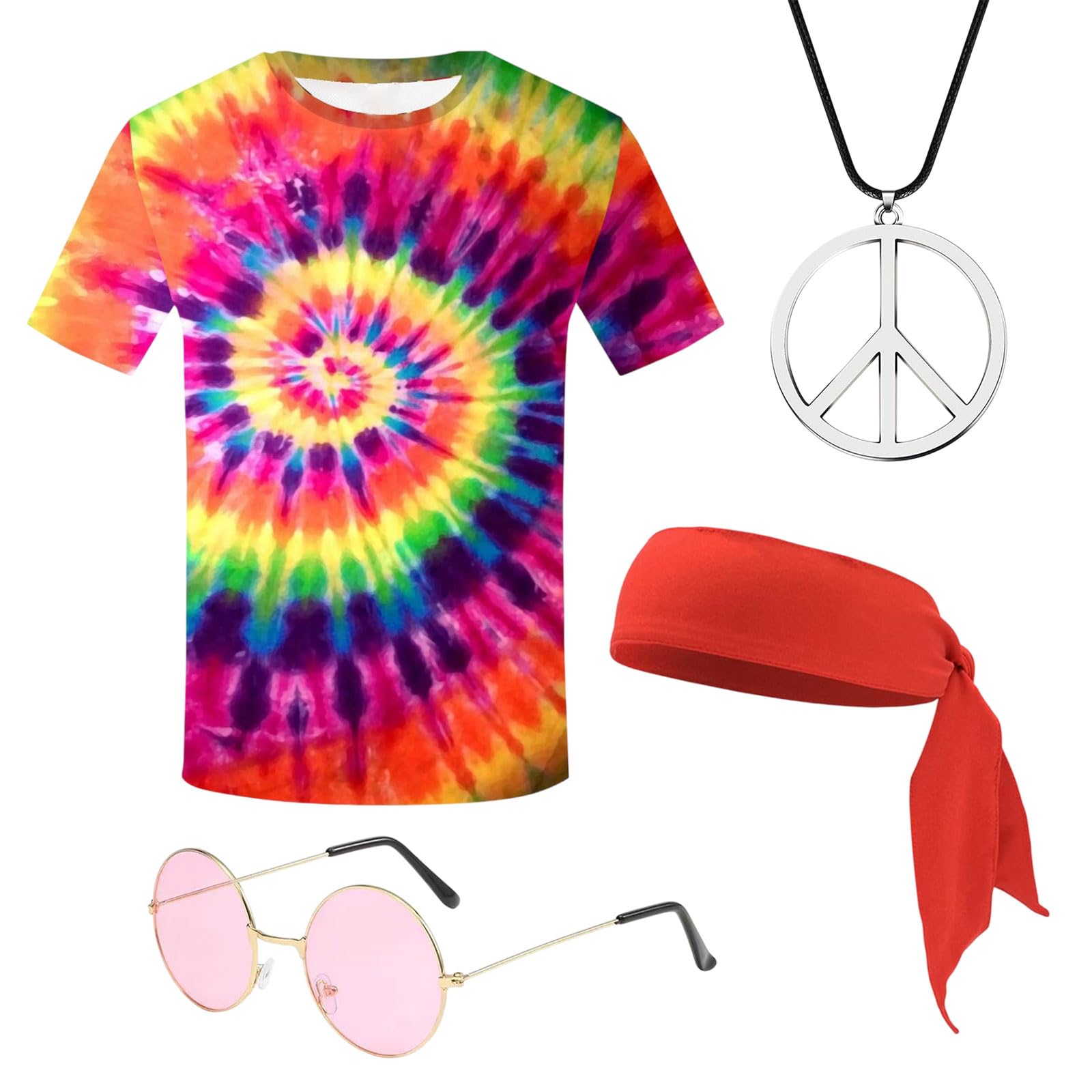 4 Piezas Conjunto Disfraz Hippie Años 60 y 70, Hippie Costume Set con Camiseta Collar Gafas de Sol Diadema, Disfraces para Fiesta de Carnaval Temática de Los Años 70 Halloween (Multicolor)