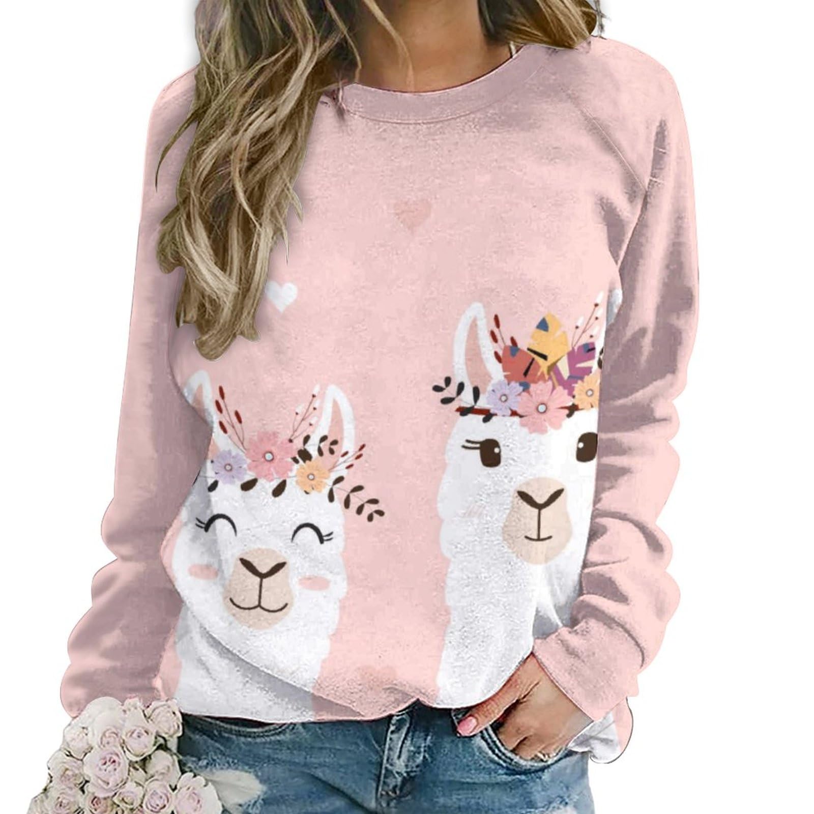 Qjjinxior Women's Cute Llama Casual Jumper, Sweatshirts For Crewneck Long Sleeve Top