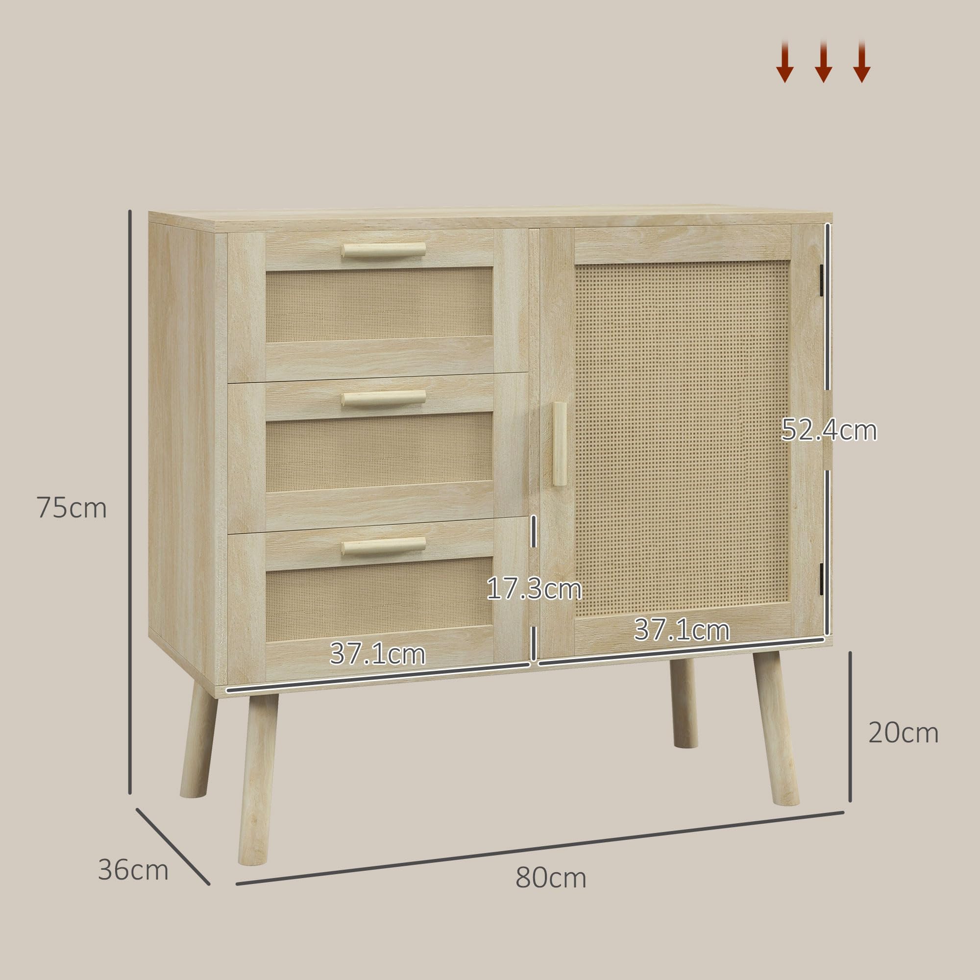 HOMCOM Mobile Multiuso in Stile Boho con Armadietto e 3 Cassetti in Legno e Rattan per Soggiorno e Ingresso, 80x36x75cm, Rovere