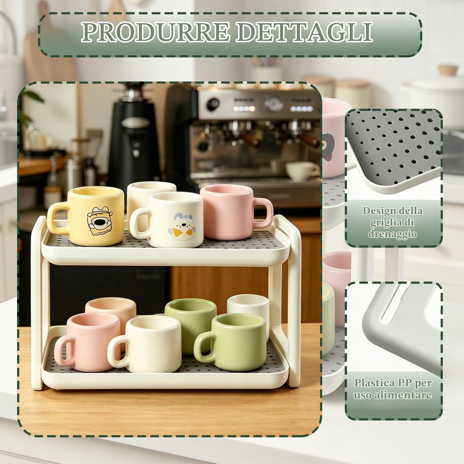 Porta Spezie per Cucina, Portaspezie Salvaspazio Cucina 2 Livelli in Plastica con Vaschetta Scolagocce, Portaspezie da Appoggio per Cucina Bagno Camera da Letto, Contenitore per Spezie e Tazze, Bianco