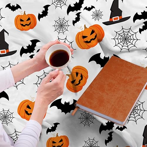 Miniatura 6 de Manta de Halloween con diseño de telaraña, calabazas, sombrero de bruja, murciélagos negros, manta de franela suave, cálida y acogedora para