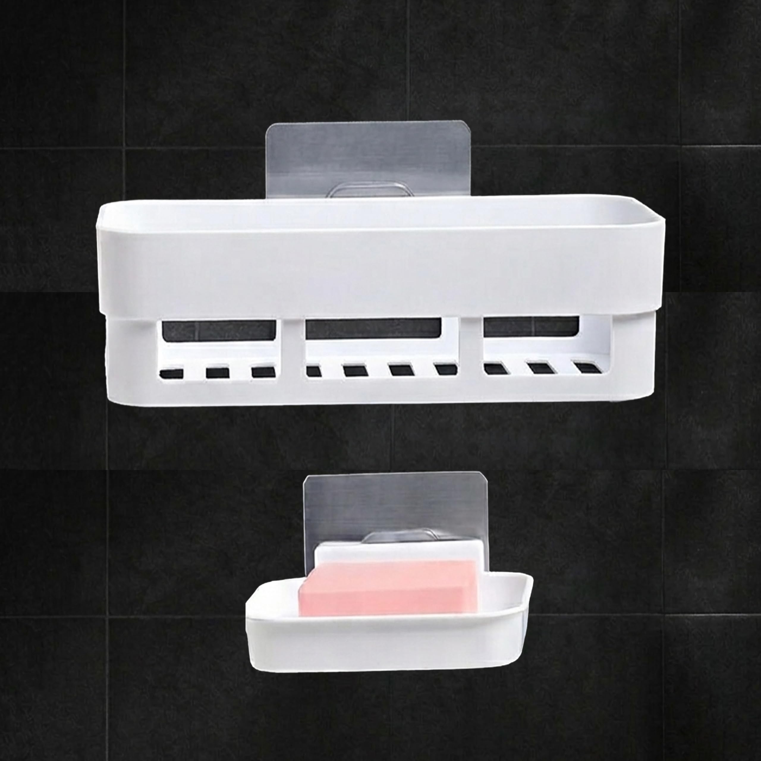 Plastic Adhesive Wall Mounted Bathroom Organizer, No Drill, 1 Shelves and 1 Soap Dish Holders, White, Set of 2-image-43