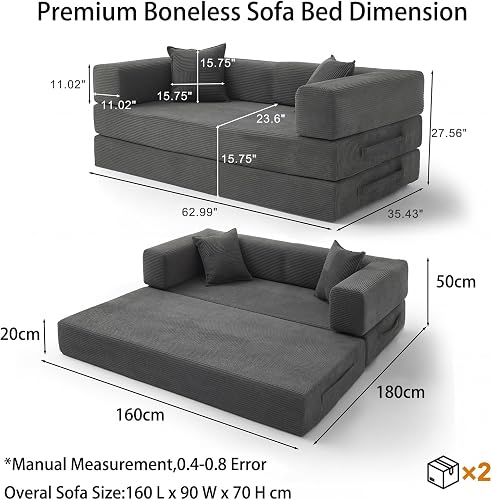 Vipbear Canapé Convertible 2 Places, Fabriqué en Velours Côtelé de Haute Qualité avec Forme de Mémoire Haute Densité, 160cm Versatile 5 en 1 Canapé Compressé pour Salon, Gris - 2