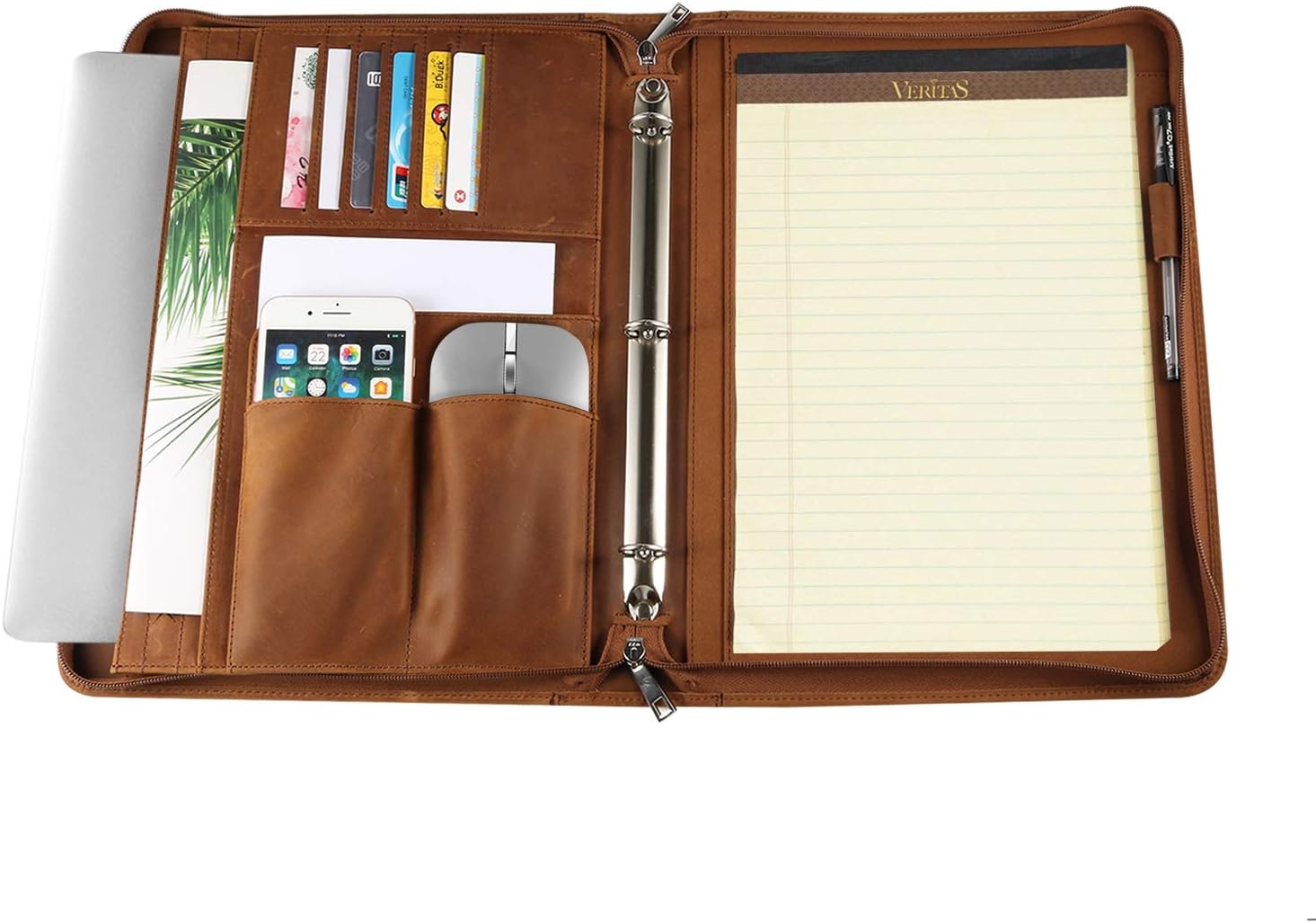YIWEN Handmade Leather 3 Ring Binder Portfolio, Zippered Padfolio Business Organizer for 13" Tablet and 8.5 x 11 Notepad, Professional Business Travel Organizer (Brown, Crazy Horse Leather)