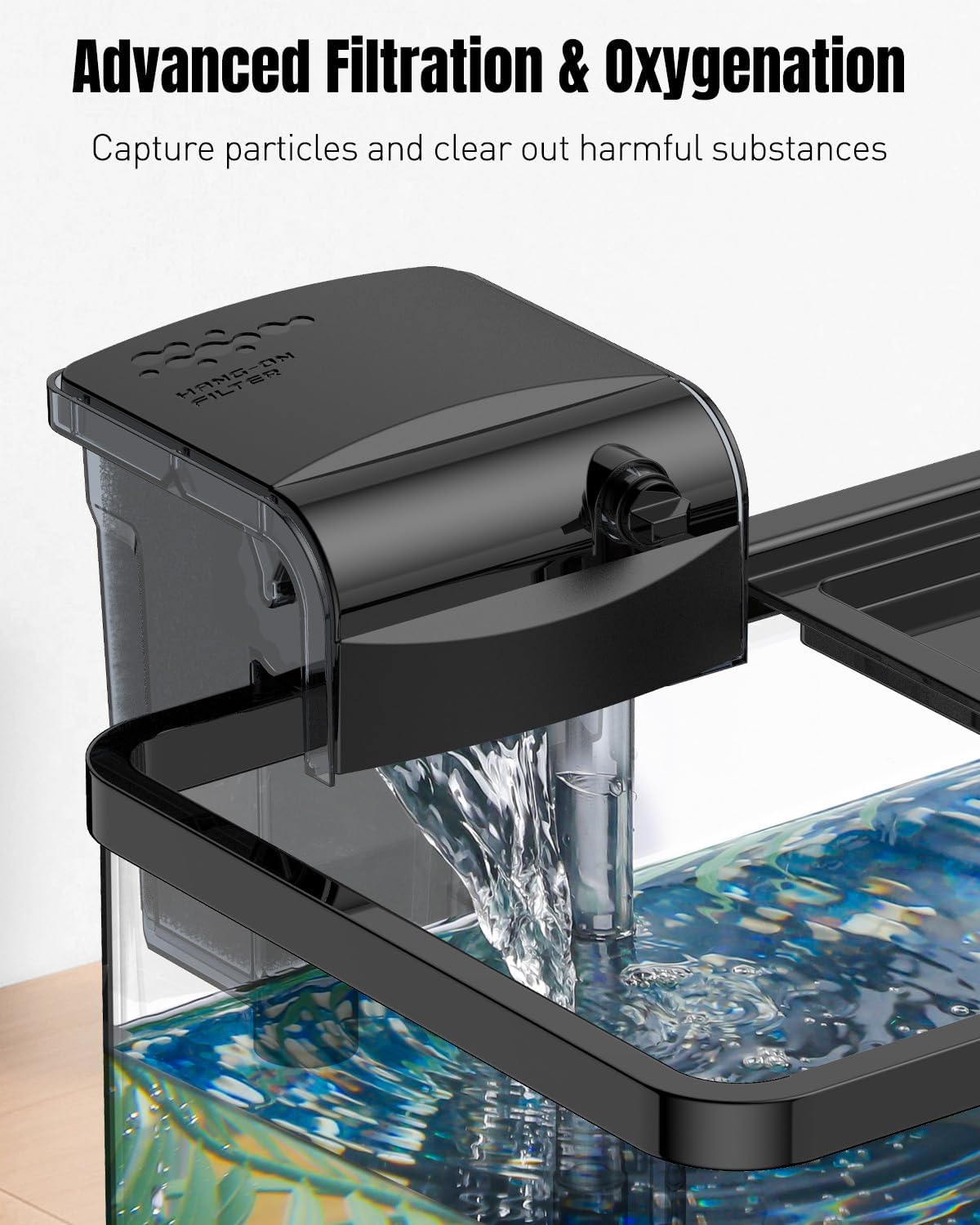 Close-up of the aquarium filter showing water flow and oxygenation