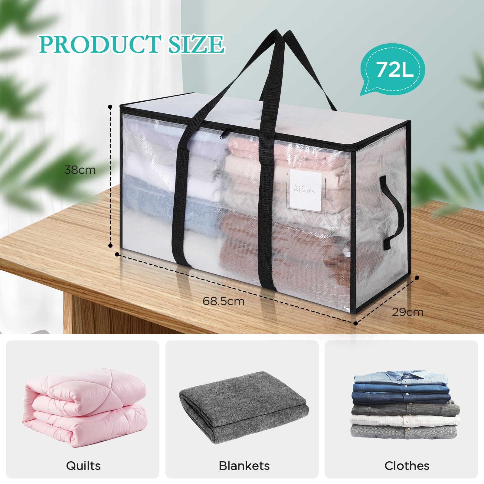AiQInu 2 Piezas Bolsa Almacenaje 72 L, Impermeable Bolsas Mudanza Grandes Cremallera y Asa, Transparente Bolsa de Almacenamiento Ropa, Cajas Ordenacion Armario para Guardar Ropa Edredones