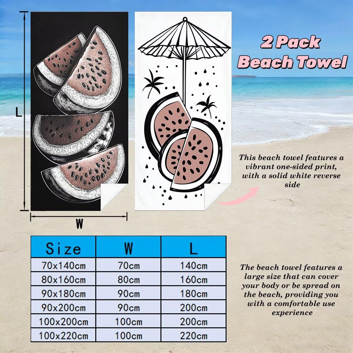 Toalla Playa 80x160 cm, Toalla Gimnasio Microfibra Secado Rapido, Juego de 2 Antiarena Toallas de Playa, Ligera Compacta Toallas Microfibra Grande para Viaje, Regalo Hombre Regalo Mujer (Sandía) -4955