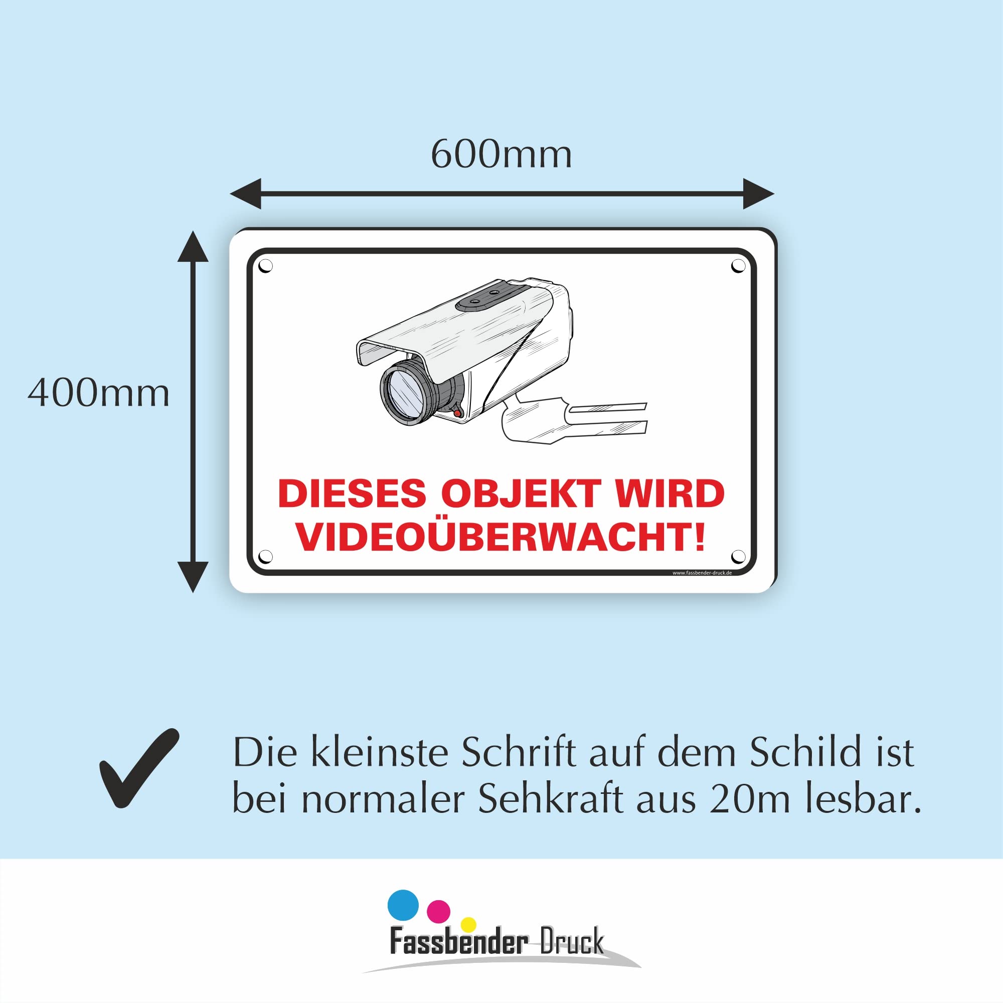 OBJEKT WIRD VIDEOÜBERWACHT vorgebohrtes Schild zum Markieren eines videoüberwachten Bereiches - Videoüberwachungsschild mit Bohrlöchern - (60x40cm SCHILD)