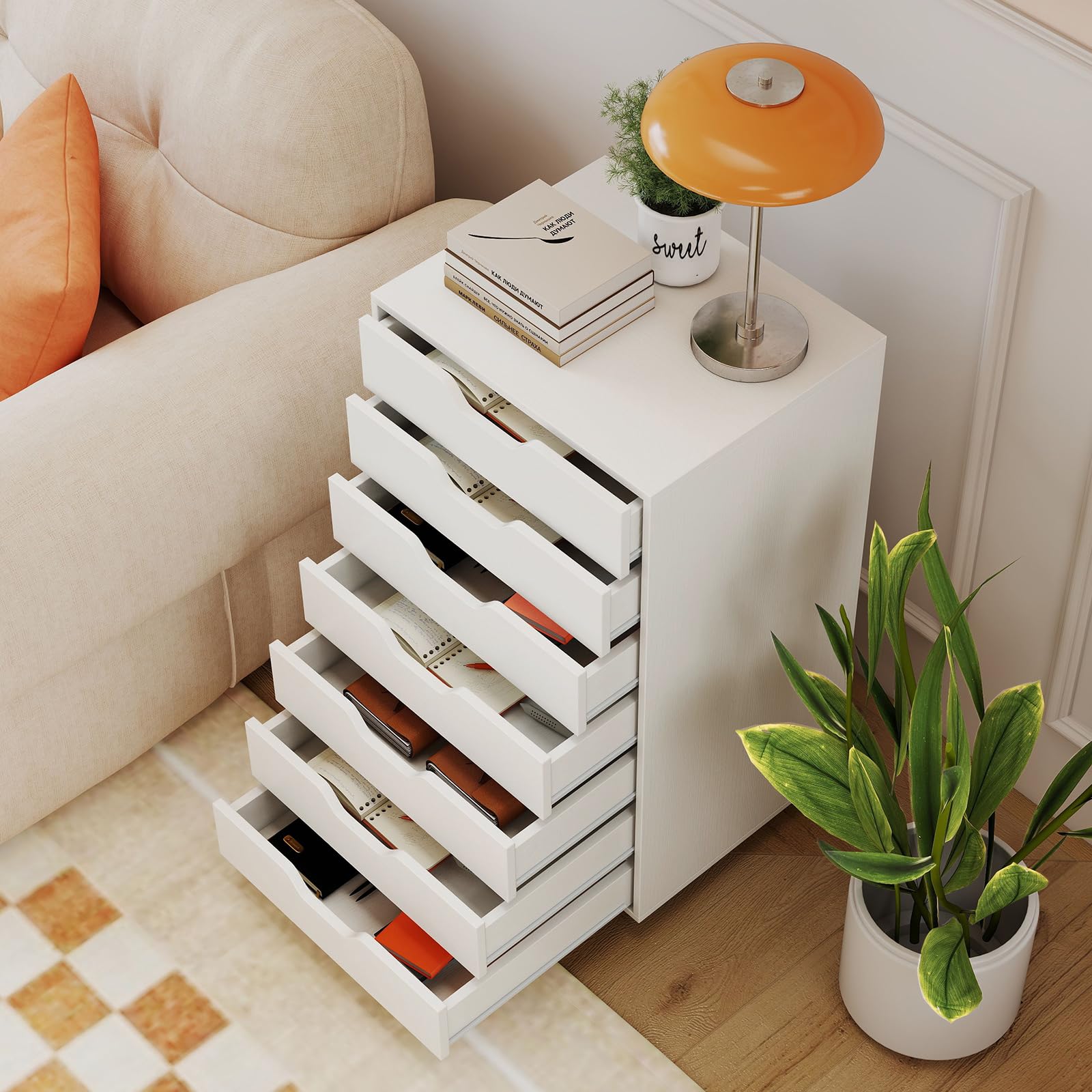COSTWAY Cajonera Escritorio con Ruedas, 49x40x87 cm, Cajonera Oficina Móvil con 7 Cajones, Archivador Móvil de Madera para Oficina, Estudio, Salón, Dormitorio, Armario de Almacenamiento (Blanco)