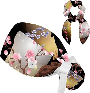 FVQL 2 Pieces Surgical Cap for Long Hair Scrub Cap with Hairband Nurse Cap, Wolf Moon and Flower