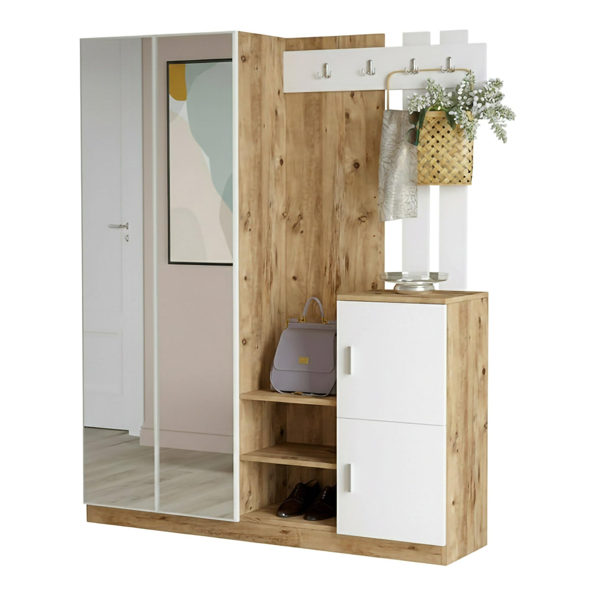 Dmora Mobile da Ingresso Borealis, Entratina Appendiabiti, Composizione per atrio, Consolle portaoggetti Multifunzione, 147x38h180 cm, Quercia e Bianco