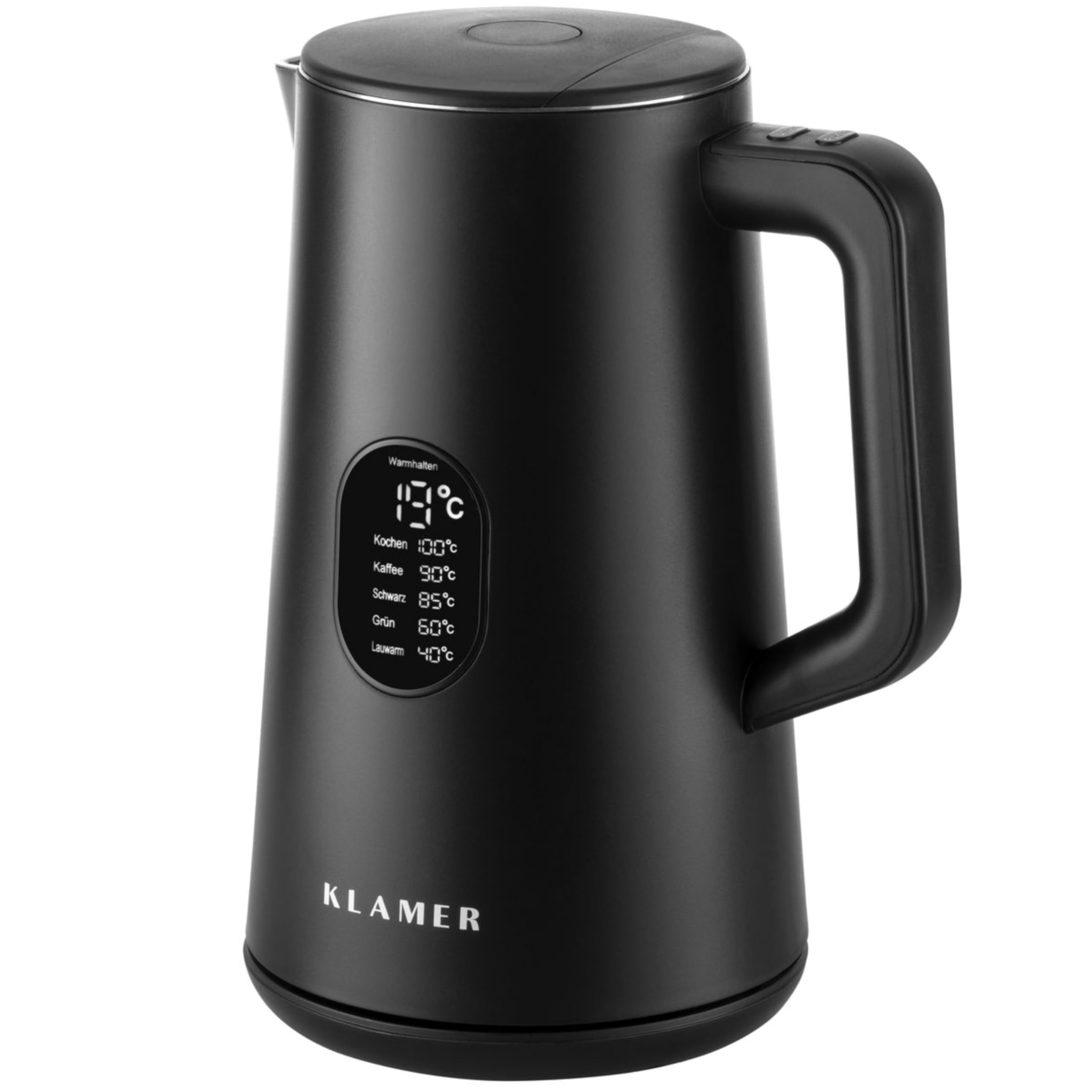 KLAMER Edelstahl Wasserkocher mit Temperatureinstellung 40-100°C, Warmhaltefunktion, mattschwarzes Kaltgehäuse, doppelwandiger 1,5L Teekocher mit 1800W, BPA-frei