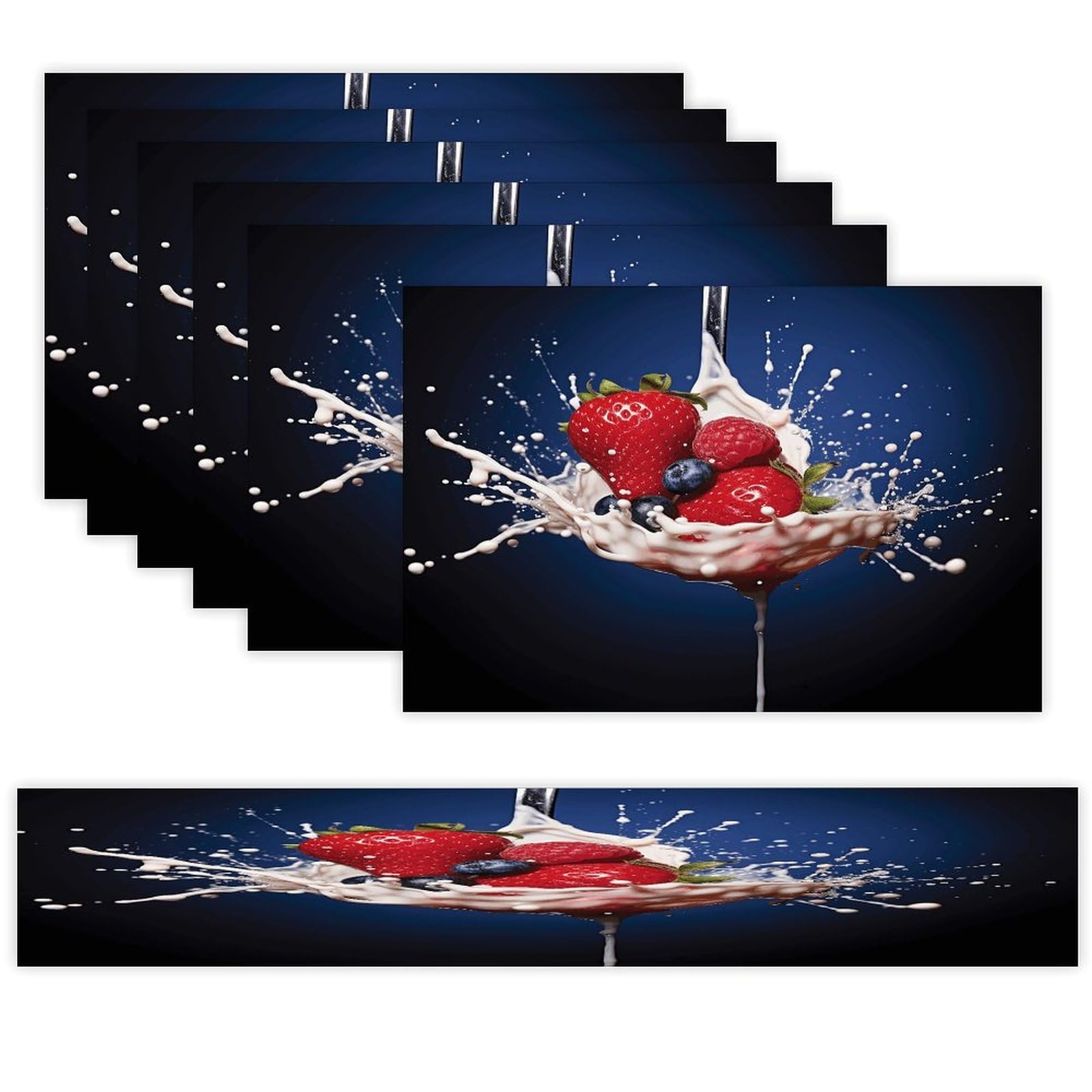 Fruit in Spoon Table Runner and Placemats Set of 6 for Kitchen Washable Table Mats Heat Resistant Place Mats Non-Slip Place Mat Wipeable Placemat(6 Placemats+1 Table Runner)