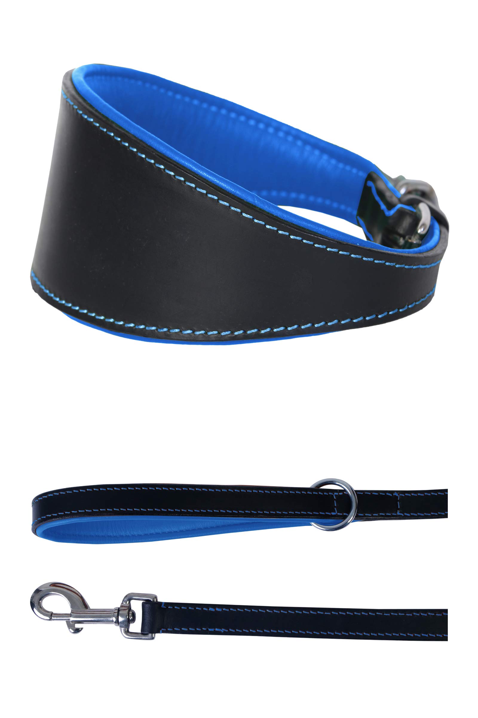 Ace Dog Collars Set - Comfy Padded Leather Collar (16" Collar -Will Fit 12" to 14") + Matching Leather Lead In Black with royal blue lining ~ Length 44" (110 cm). — image 1