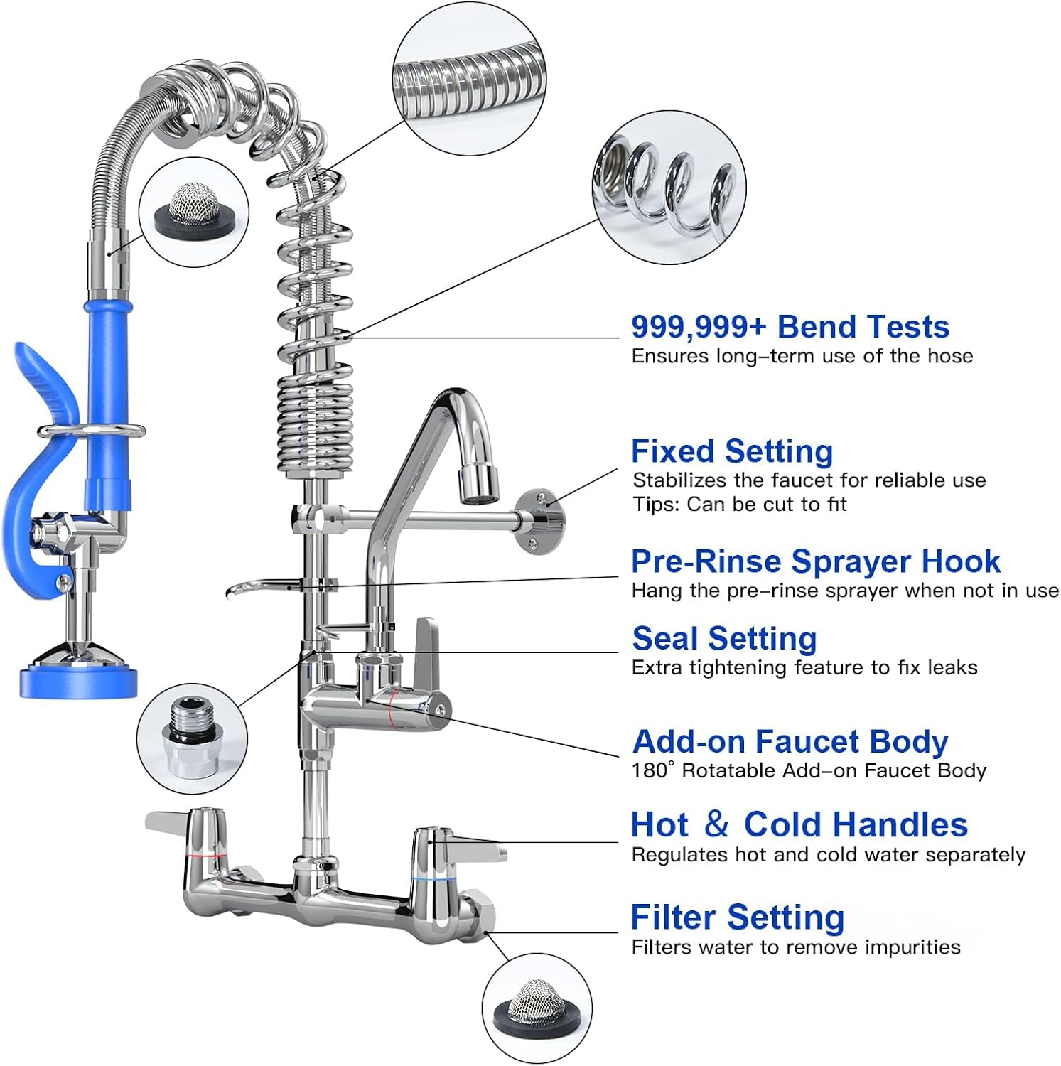 Commercial Faucet with Sprayer for Kitchen Staff : Akwadu Wall Mount Commercial Faucet with Pre Rinse Sprayer 8" Center - 21 Inch Pre Rinse Faucets with 8" Add-On Swing Spout for Dishwashers - Image 8