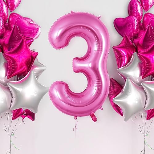 Miniatura 2 de Globo rosa con el número 3 de 40 pulgadas, globos grandes de helio de aluminio rosa intenso, globos gigantes gigantes de Mylar número 3 para niños