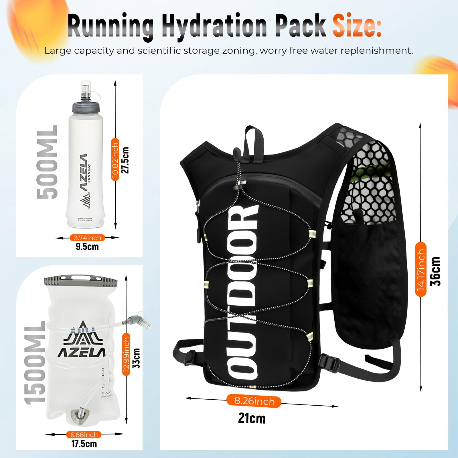 Gilet da Corsa per Uomo e Donna, Zaino Trail Running con 1.5L Sacca Idrica 500ml Borraccie Morbide, Zaino Idratazione Regolabile, Zaino da Corsa per Escursionismo Sentieri Maratone Ciclismo