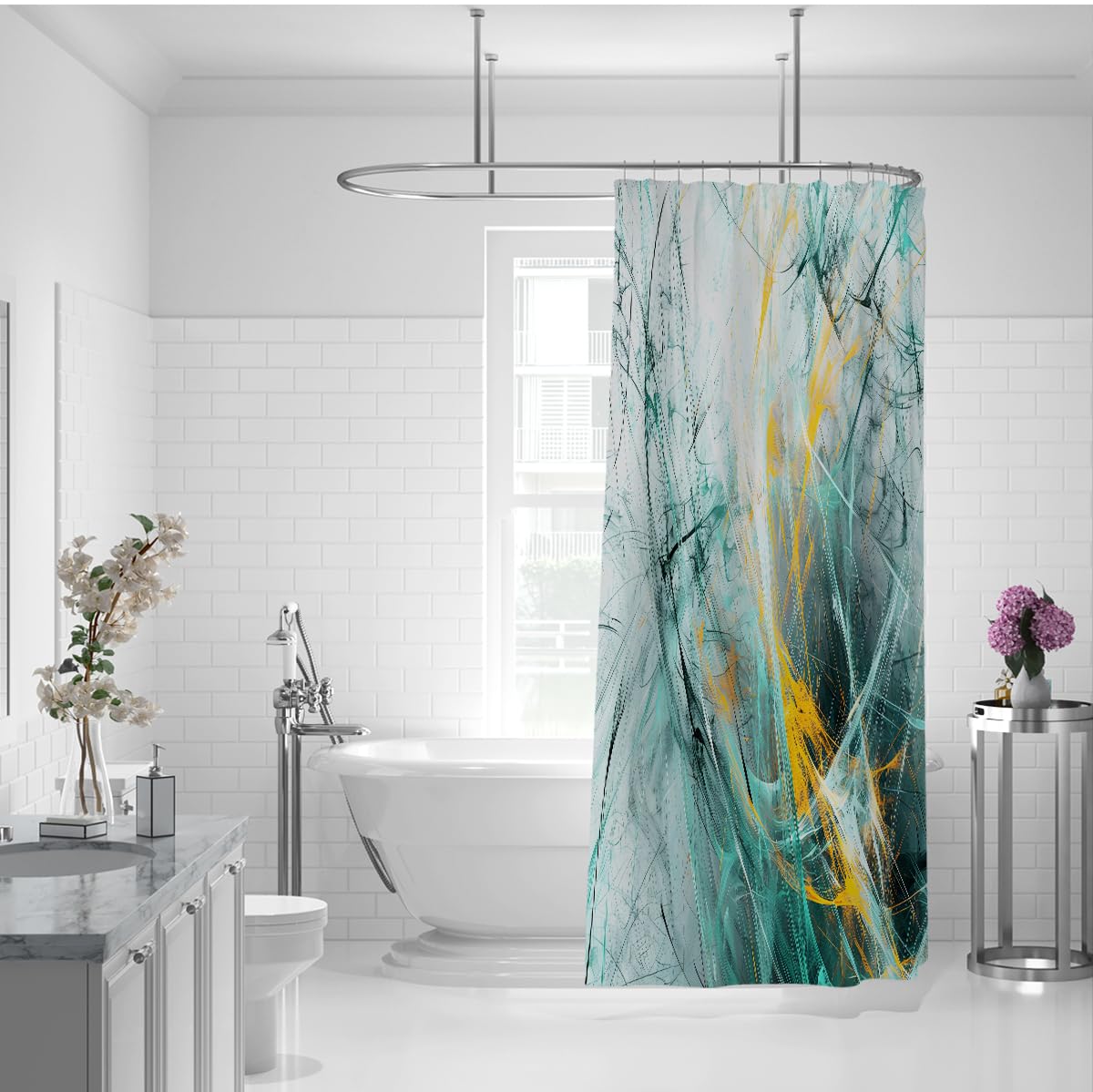 Rideau de Douche Lignes Art Encre Sarcelle Abstrait W150xL200 cm